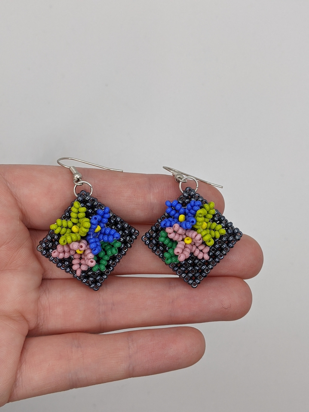 Handmade Black Beaded Floral Drop Earrings with Pink, Blue & Green Accents